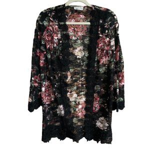 Jolie & Joy Women's Floral Lace Small Sheer Bell Sleeve Duster Cardigan EUC